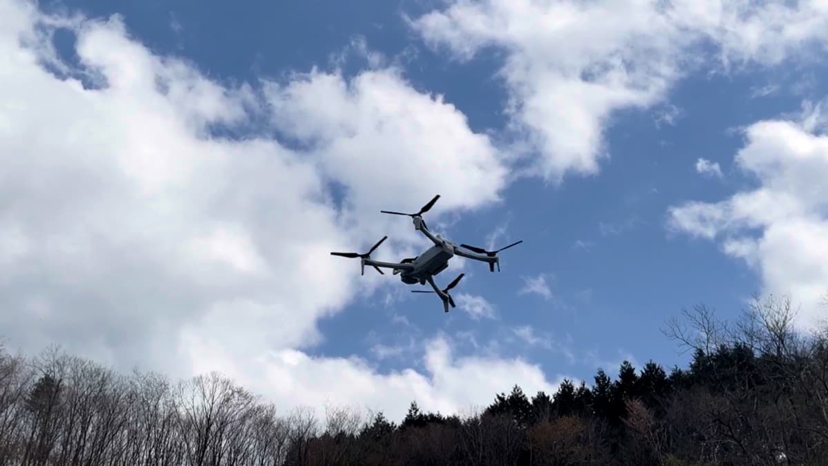 Drone flying during KDDI’s satellite direct communication demonstration in Takahagi
